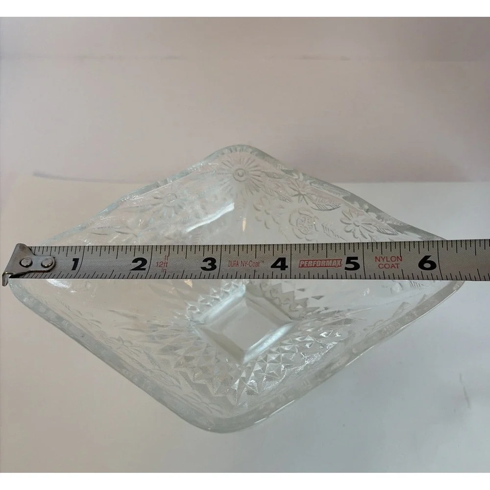 Vintage Indiana Glass Diamond Shape Clear Glass Floral Footed‎ Candy Dish Bowl